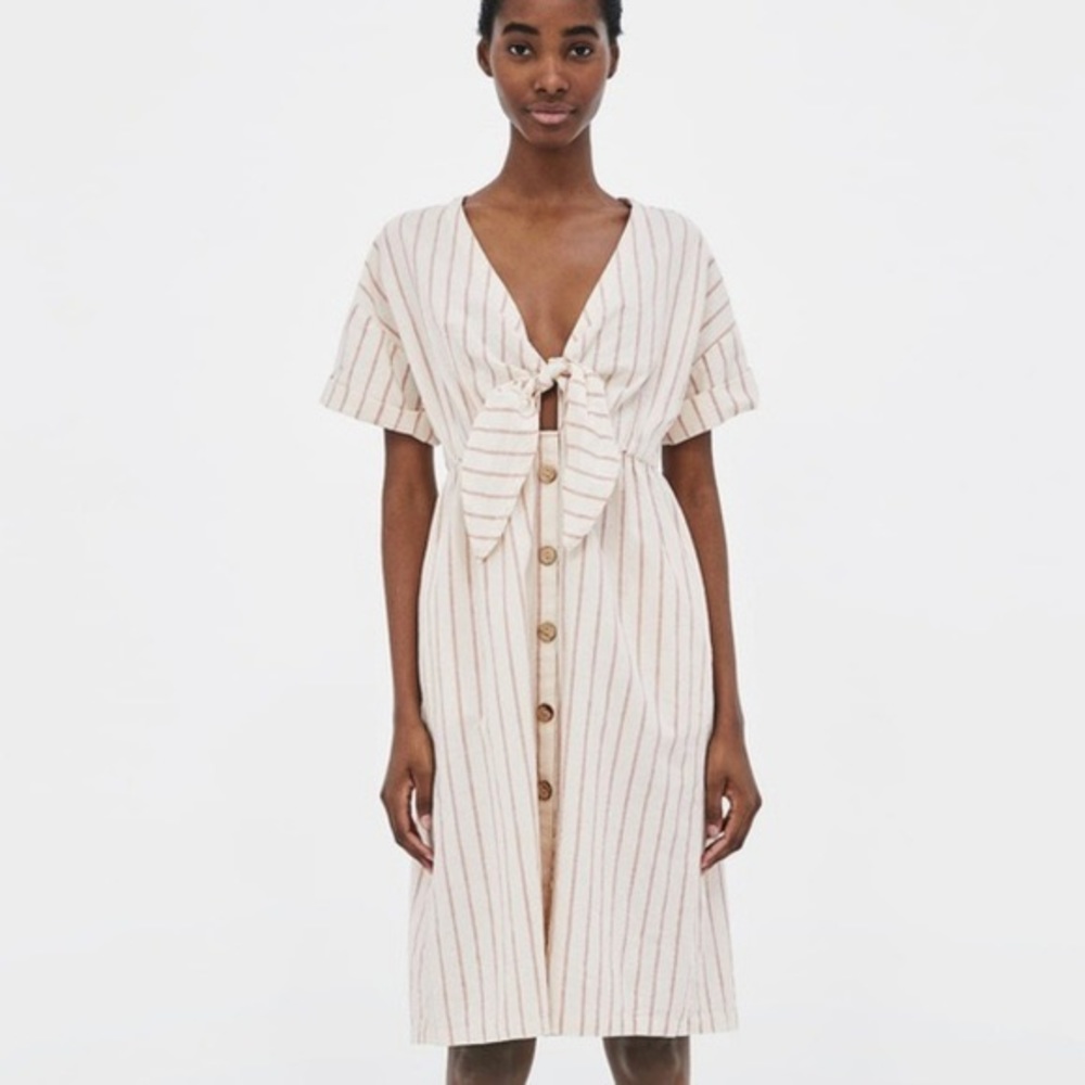 Zara Tie Front Striped Midi Linen Dress